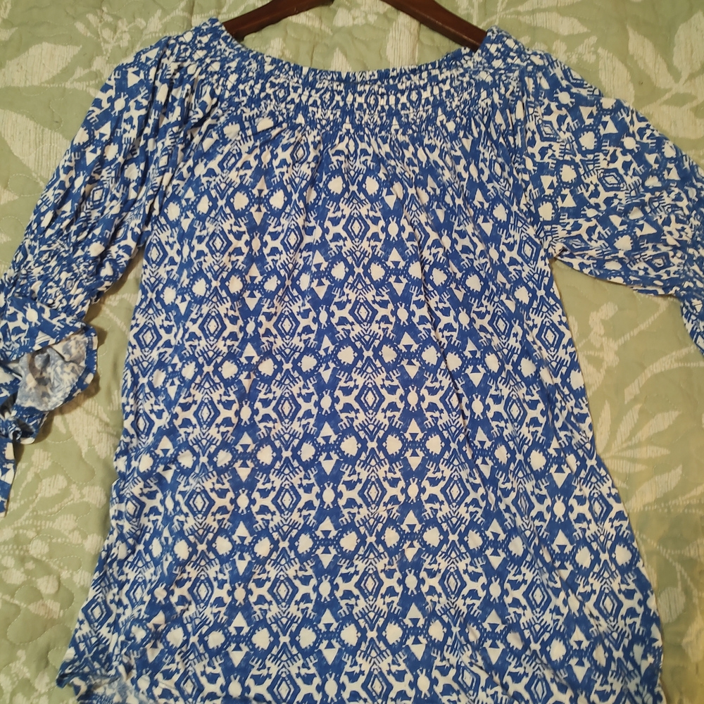 New Directions Blue and White Smocked Blouse
